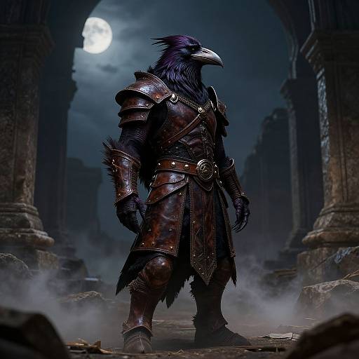 Digital art: Dark, anthropomorphic raven warrior with metallic armor, sharp beak, and black feathers, stands in misty, ruined stone arch