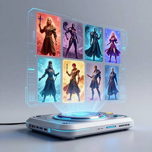 Photograph of a futuristic, glowing tablet displaying eight colorful, animated, fantasy warrior characters in dynamic poses, floating above a sleek, white, illuminated device