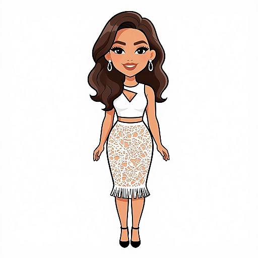 Cartoon-style illustration of a smiling woman with long brown hair, wearing a white crop top, lace pencil skirt, black heels, and hoop earrings,