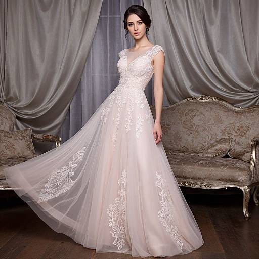 Photograph of an elegant Asian woman in a white lace wedding dress with a flowing skirt, standing in front of a luxurious, silver-gray draped curtain and