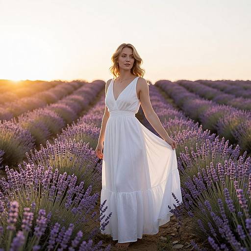 Photograph of a smiling blonde woman in a white, sleeveless, V-neck dress standing in a lavender field at sunset.