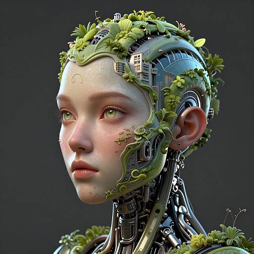 Digital CGI artwork of a cybernetic human with a pale, smooth face, green plant-like hair, and exposed mechanical neck, set against a dark