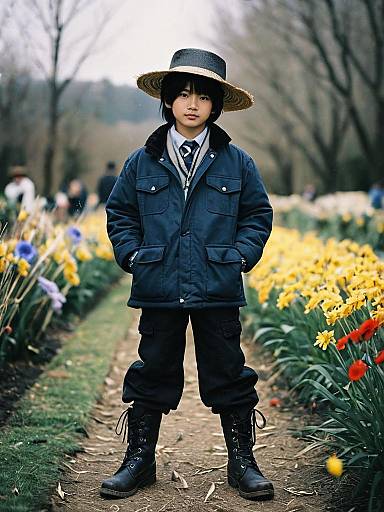 Boy in Straw Hat Standing in Flower Garden