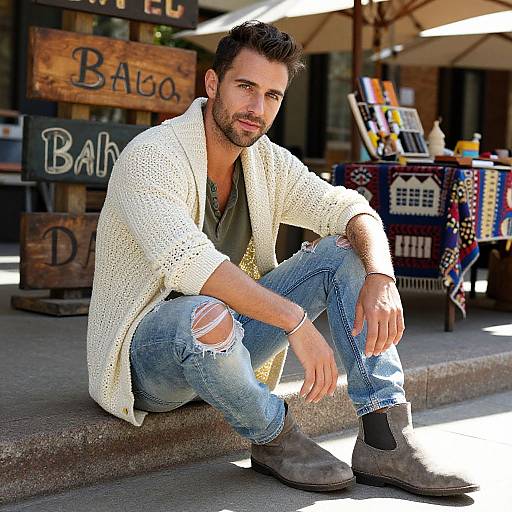 Photograph of a bearded man with dark hair, wearing a white knitted cardigan, ripped jeans, and brown boots, sitting outdoors on a