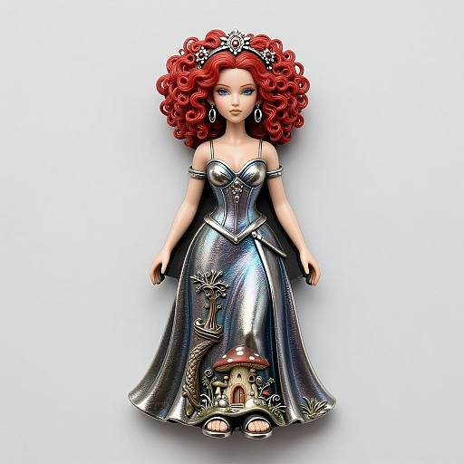 Photograph of a detailed doll with red curly hair, wearing a silver off-shoulder gown, tiara, and large earrings, standing in front