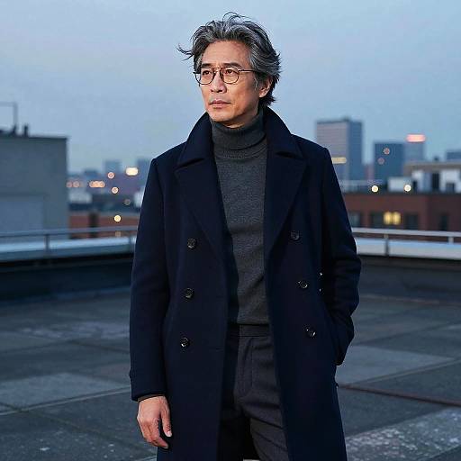 Photograph of middle-aged Asian man with gray hair, glasses, black turtleneck, and long black coat, standing on rooftop at dusk. City