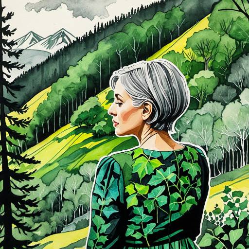 Surreal Watercolor Woman and Alpine Forest