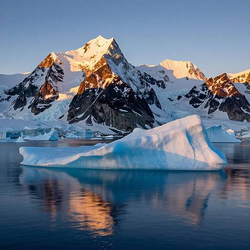 Photograph of a massive snow-capped mountain peak glowing with sunset light, reflecting on calm icy waters, with a large blue ice floe in the