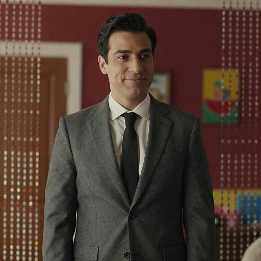 Stylish Man in Red-Walled Room