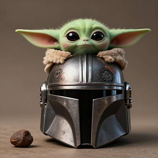 CGI photograph of a cute green, large-eared, wide-eyed creature peering over a shiny, metallic Mandalorian helmet with fur trim, gray
