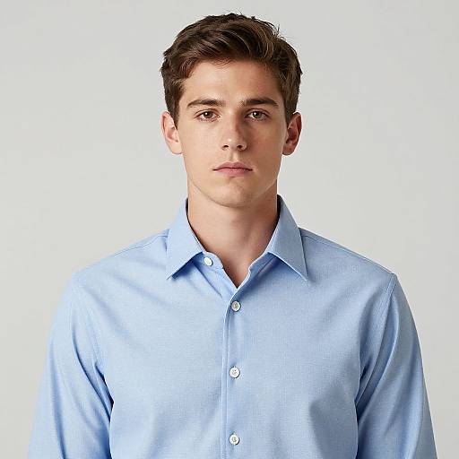 Photograph of a young white man with short dark brown hair, wearing a light blue button-up shirt, against a plain white background. He has a