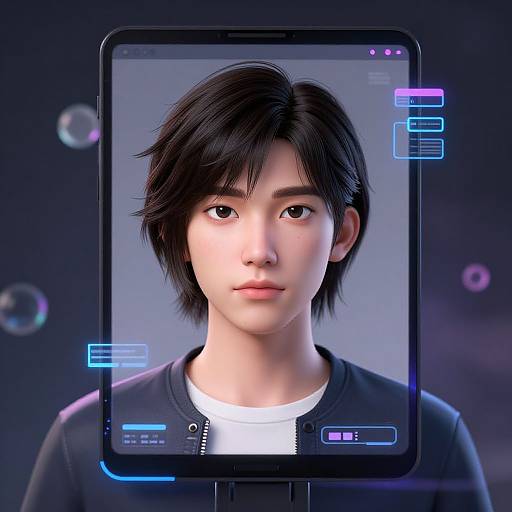 CGI image of an Asian male with short black hair, white shirt, and black jacket, displayed on a futuristic tablet with digital interface elements against a