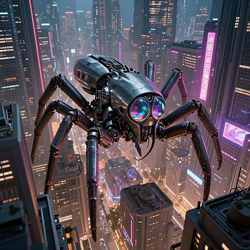 Cybernetic spider robot with glowing blue eyes hovers over a neon-lit, futuristic cityscape at night. Digital art style.