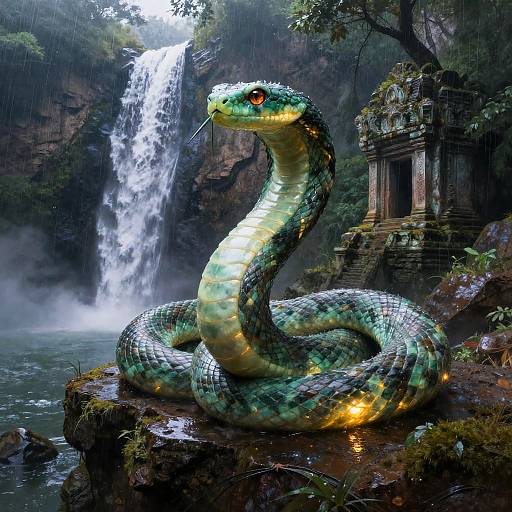 Digital artwork of a glowing, green-scaled snake coiled on a mossy rock, beside a misty waterfall and ancient ruin in a lush,