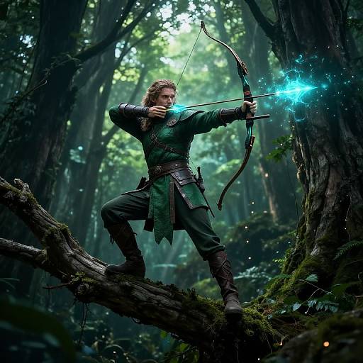 Photograph-like digital art of a long-haired archer in green forest attire, drawing a glowing blue arrow on a mossy tree branch in a dense