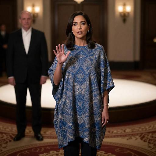 Elegant Woman in Blue White Cape