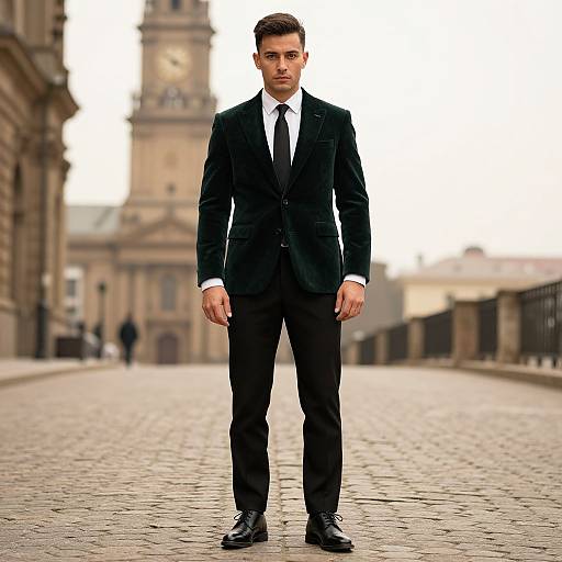 Photograph of a handsome, young Caucasian man in a black suit, white shirt, and black tie, standing on a cobblestone street with a