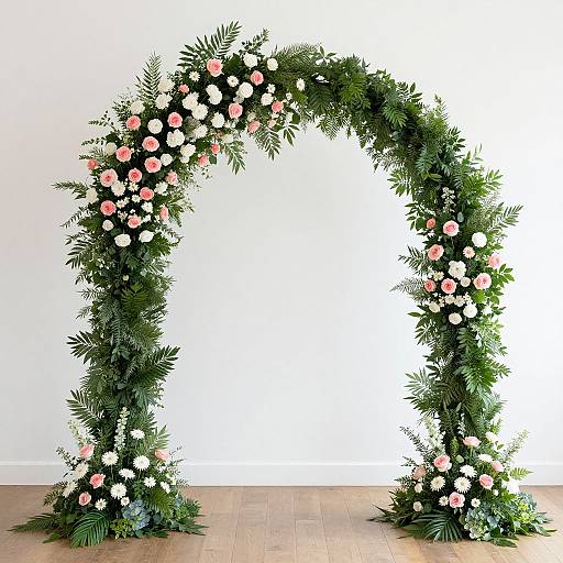 Photograph of a lush, green floral arch adorned with pink and white roses, set against a plain white wall and wooden floor.