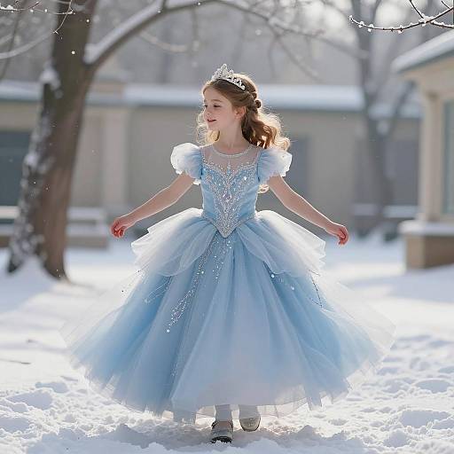 Young Girl in Blue Princess Ball Gown in Snow
