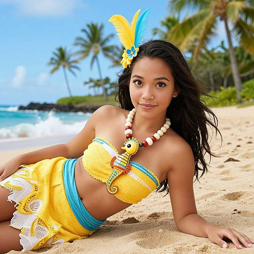 Photograph of a young woman with dark hair, tan skin, wearing a yellow strapless top, matching skirt, blue waistband, and beaded