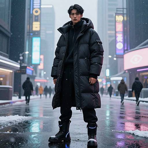 Photograph of a serious Asian man in a long black winter coat, standing in a neon-lit, snowy urban street at night.