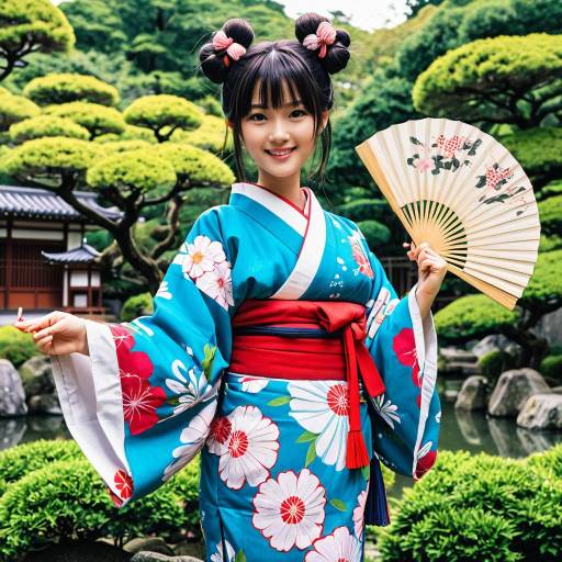 Anime Girl in Kimono with Folding Fan in Japanese Garden