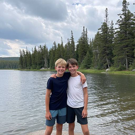 Photograph of two teenage boys standing in a lake, arms around each other, wearing black and white shirts, shorts, with a forest and cloudy sky