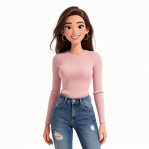 CGI image of a smiling young woman with long brown hair, wearing a pink ribbed long-sleeve top and blue distressed jeans, against a