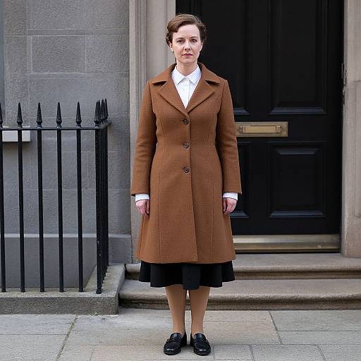 Photograph of a serious-looking woman in a brown coat, white shirt, black skirt, and black shoes, standing in front of a black door with