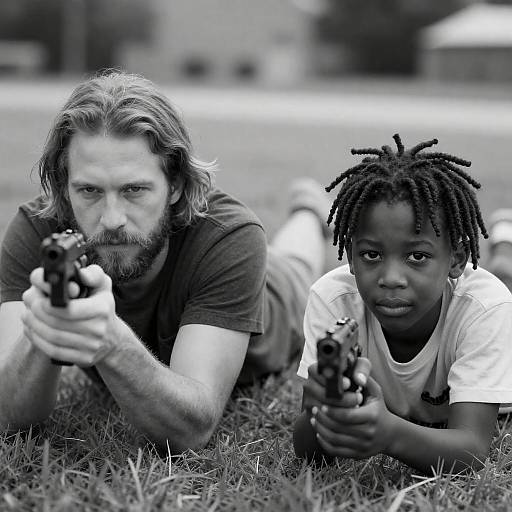 Black and White Duo Aiming Handguns Outdoors