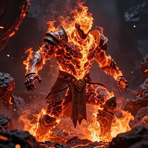 Digital art of a fiery, armored warrior with glowing red-orange flames engulfing his body, standing amidst dark, rocky terrain.