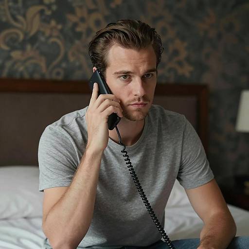 Serious Man on Bed with Phone