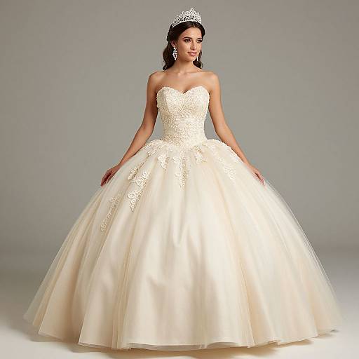 Photograph of a bride in a strapless, white lace and satin ballgown with a full skirt, wearing a silver tiara and dangling earrings