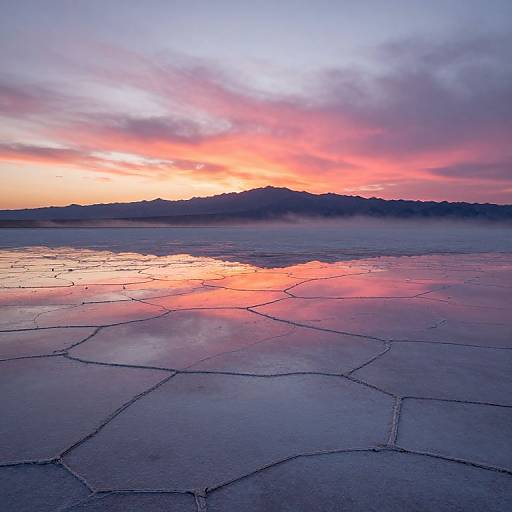 Photograph of a surreal, cracked salt flat reflecting vibrant pink, orange, and purple sunset sky, with dark silhouetted mountain range in the