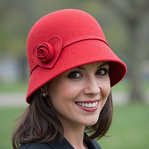 Photograph of a smiling woman with fair skin, brown eyes, and dark brown hair, wearing a bright red felt hat with a rose embellishment,