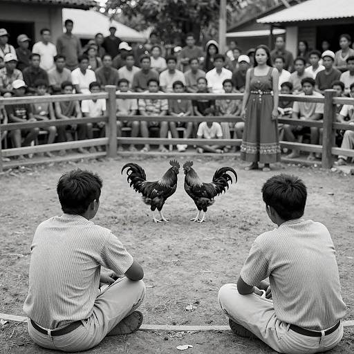 Vintage Black-and-White Filipino Cockfight Scene