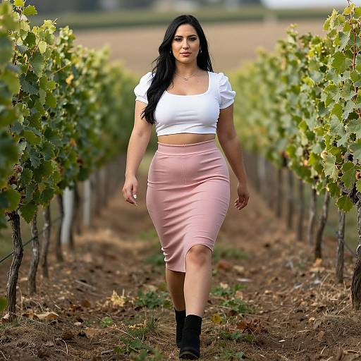 Photograph of a curvy Latina woman with long black hair, wearing a white crop top and pink high-waisted skirt, walking through a grape