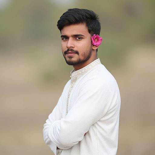 Photograph of a young Indian man with dark hair, beard, and pink flower in hair, wearing a white traditional kurta, standing with arms crossed