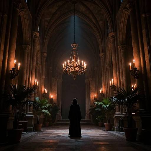 Photograph of a hooded figure standing in a dimly lit, Gothic-style cathedral with an ornate chandelier, flanked by lit candel