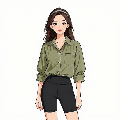 Digital anime-style drawing of a young woman with long brown hair, green shirt, black shorts, and white background. She stands with a neutral expression,