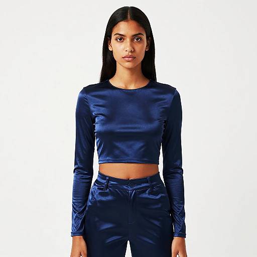Woman in Navy Blue Satin Crop Top and Pants