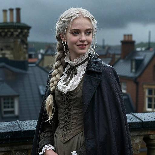 Victorian Noblewoman in Rainy Rooftop Scene