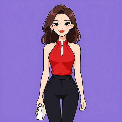 Digital anime-style drawing of a confident woman with fair skin, brown hair, red sleeveless top, black pants, holding a white phone, against a