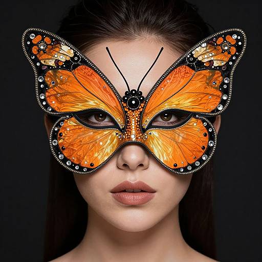 Photograph of a woman with long dark hair, wearing an elaborate, vibrant orange butterfly mask with black and white details, against a black background.