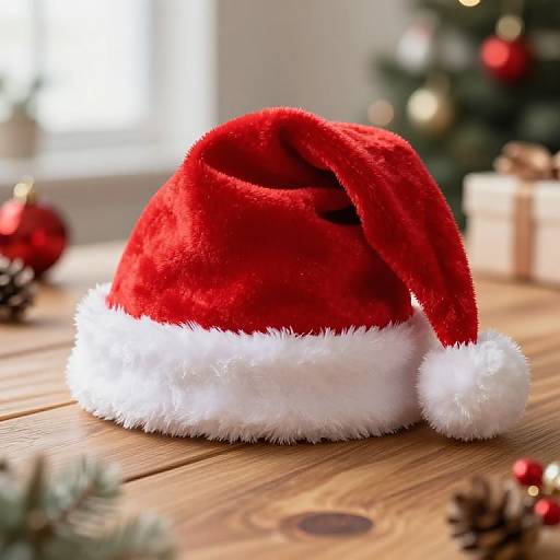 Photograph of a plush red Santa hat with white fur trim, resting on a wooden table, blurred Christmas tree and ornaments in the background.