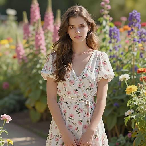 Young Woman in Floral Dress in Garden