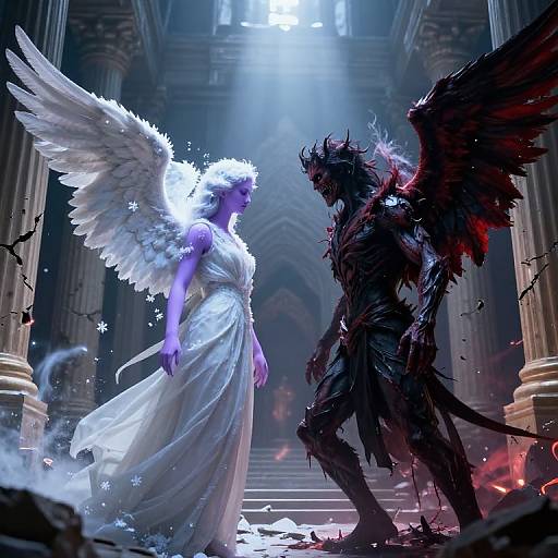 Digital artwork: Angel with white wings and dress faces dark, demonic figure with black wings in illuminated, ruined cathedral. Ethereal glow contrasts with dark,