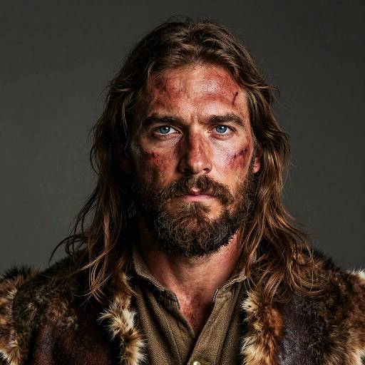 Photograph of a rugged, bearded man with long brown hair, blue eyes, and blood-streaked face, wearing a fur-lined cloak against