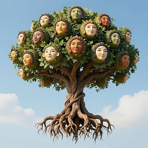 Digital artwork of a tree with 15 human-like faces in leaves, set against a clear blue sky. Faces vary in expression and skin tone. Tree