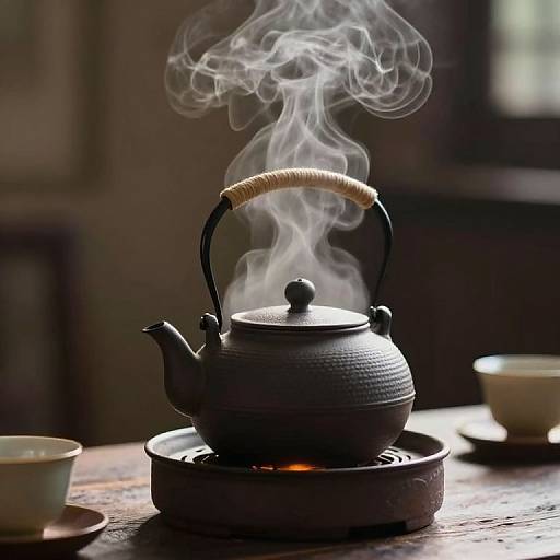 Photograph of a black, textured teapot with a beige handle, emitting wisps of steam, placed on a metal trivet over a small flame